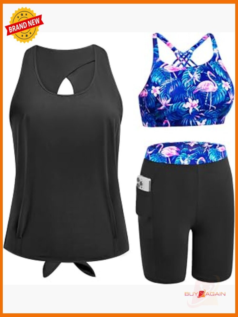 3 Piece Tankini Set - Athletic Swim Top with Shorts Modest Bathing Suit